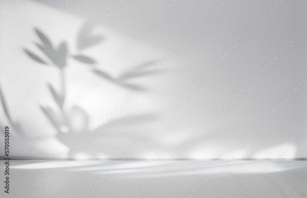 Blurred shadow from leaves plants on the white wall. Minimal abstract background for product present