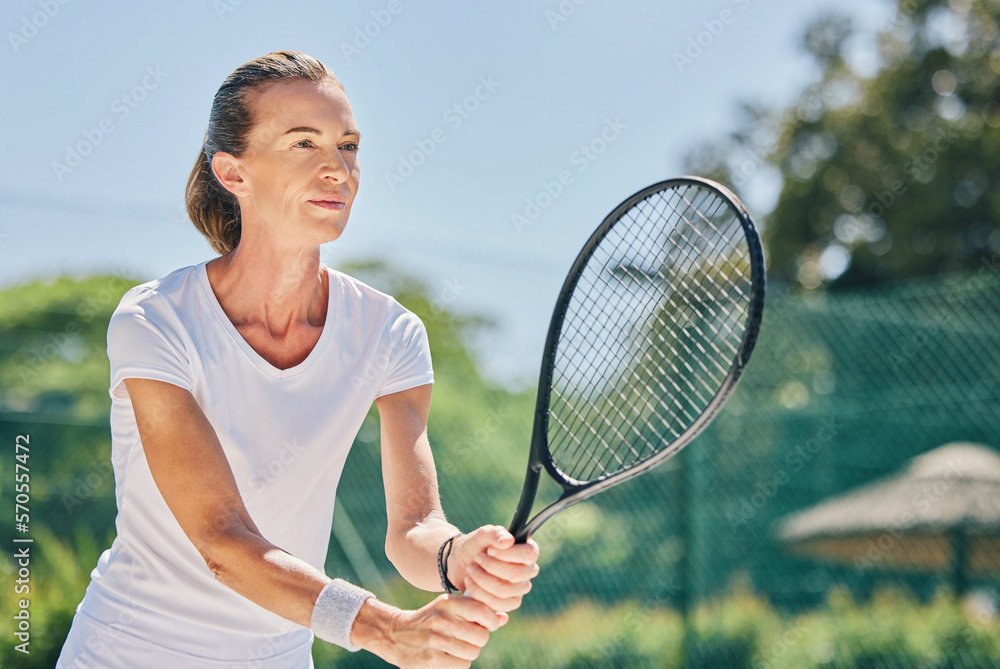 Senior woman, tennis player and ready in sports game for ball, match or hobby on the court. Happy el