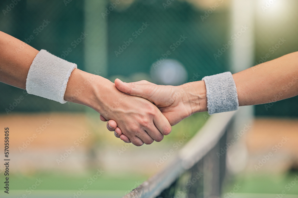 Hand, tennis and handshake for partnership, unity or greeting in sportsmanship at the outdoor court.