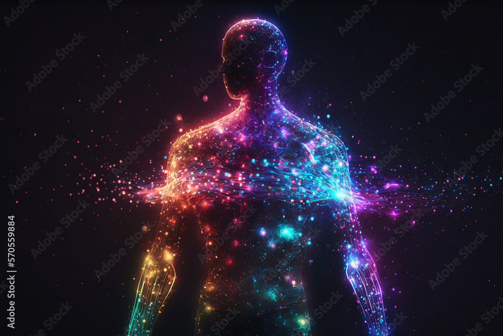 Ethereal artificial intelligence avatar. Glowing data particles. Generative AI 