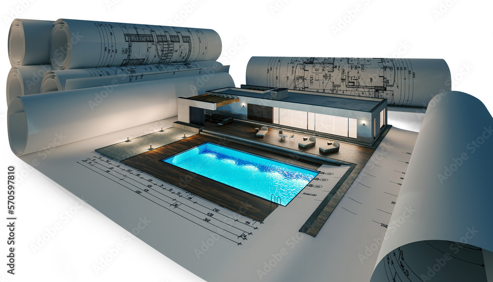 Entwurf eines modernen  Bungalows mit Swimmingpool (isoliert mit Abendbeleuchtung) - 3D Visualisieru