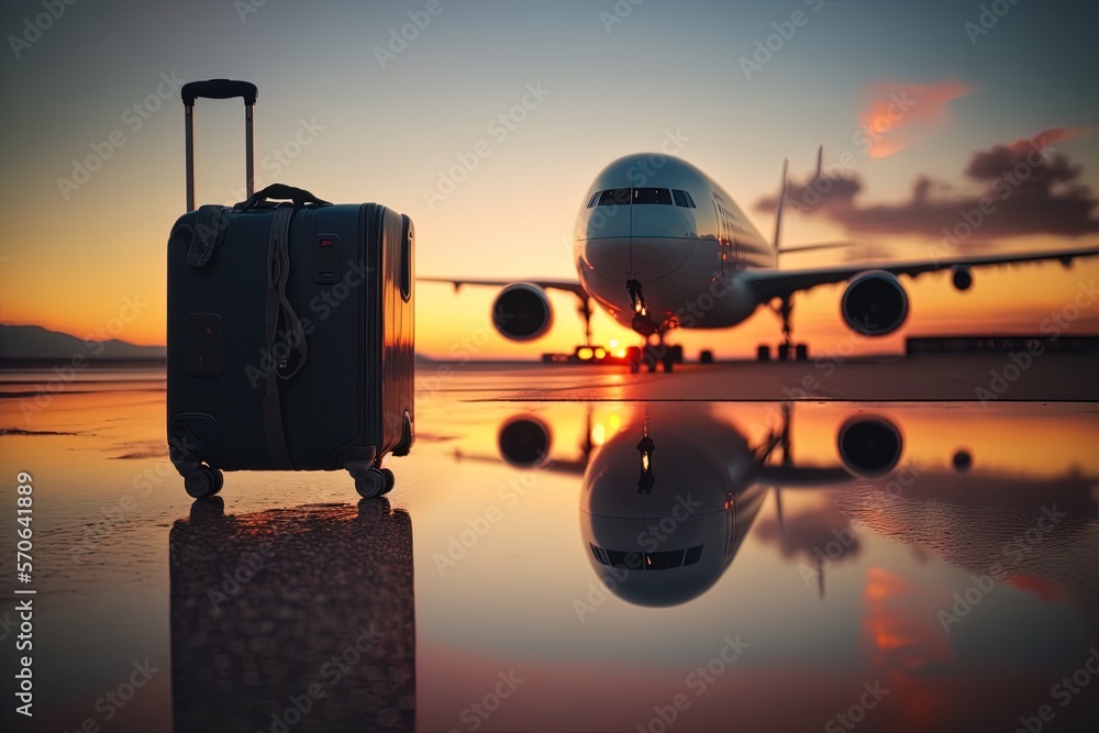 A suitcase in foreground with an airplane as background at sunset in an airport. Concept: Travelers 