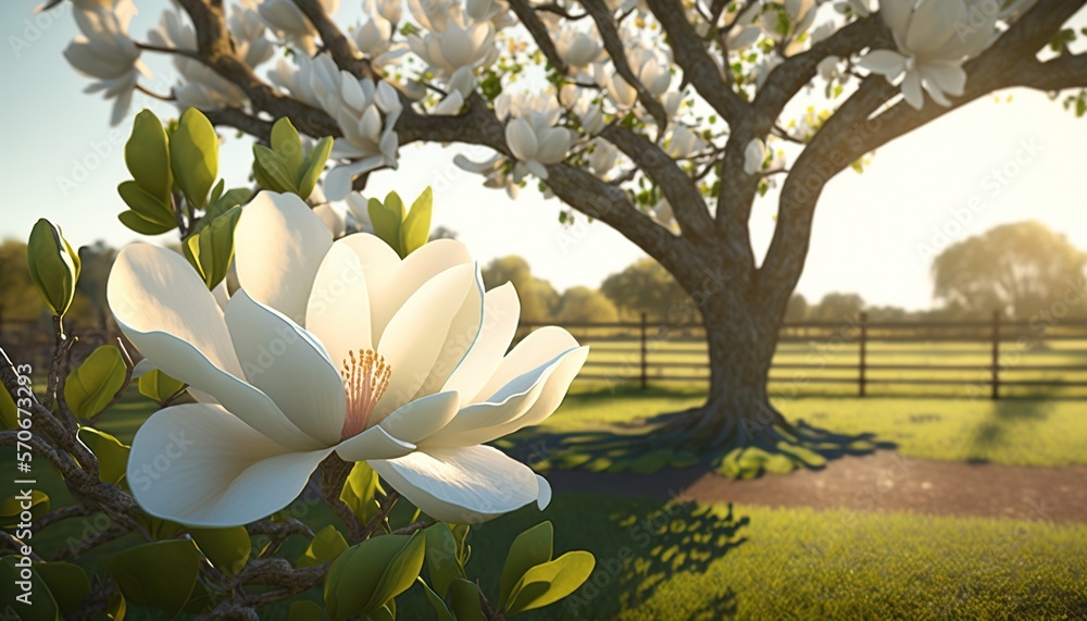  a large white flower sitting on top of a lush green field next to a tree with white flowers in the 