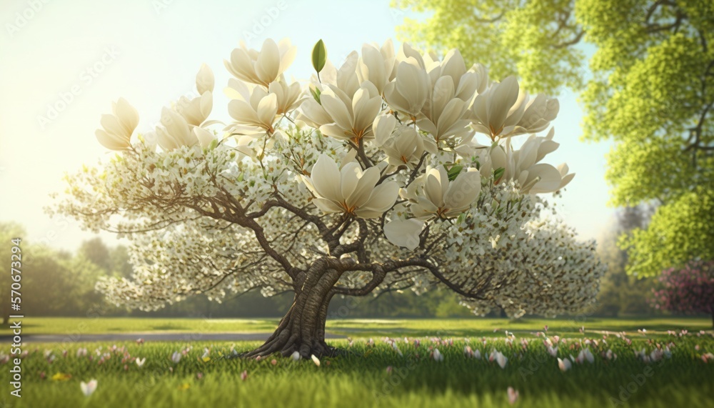  a tree with white flowers in a grassy area with a path in the background and trees in the foregroun