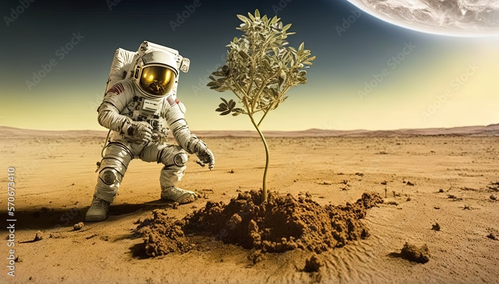  a man in an astronaut suit standing next to a small tree on a desert area with a moon in the backgr