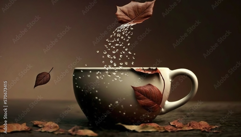  a coffee cup with leaves falling out of the top and falling into the bottom of the cup, with a fall