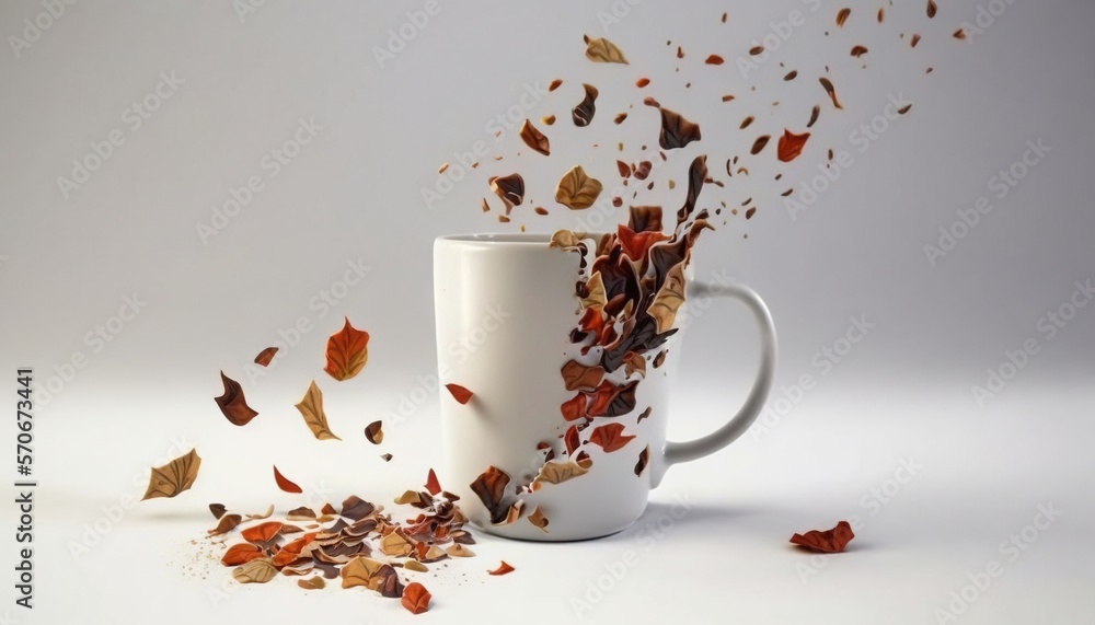  a coffee cup with a lot of leaves coming out of the inside of the cup, on a white surface, with a w