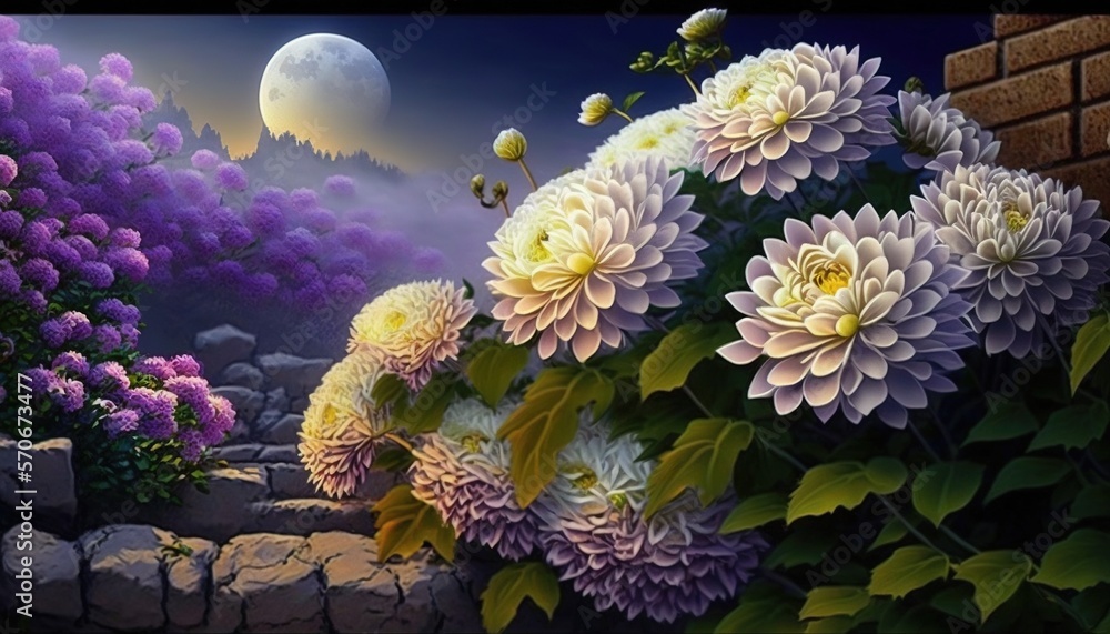  a painting of flowers in a garden with a full moon in the sky behind them and a brick wall in the f