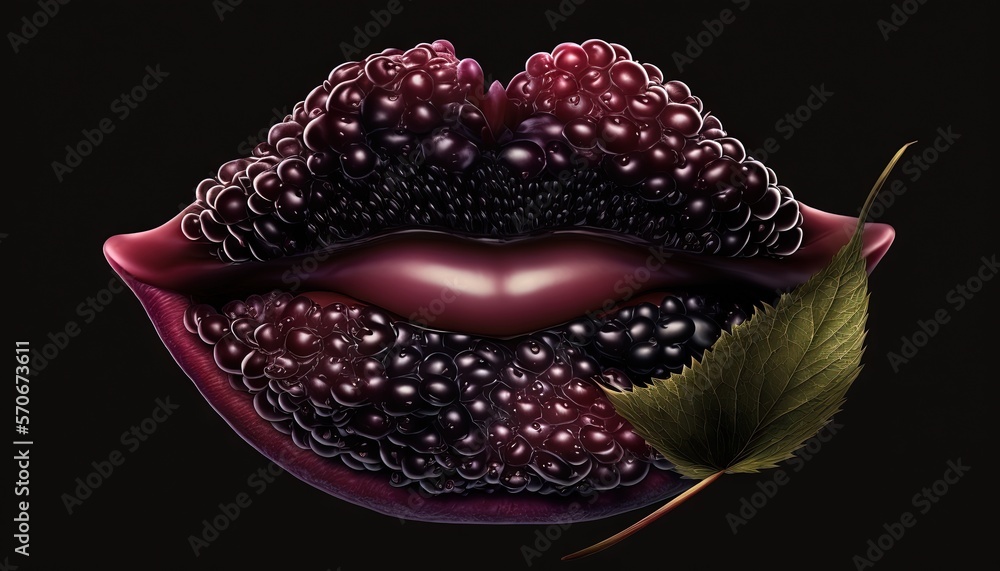  a painting of a lips with berries and a leaf on the side of the lips and a green leaf on the other 