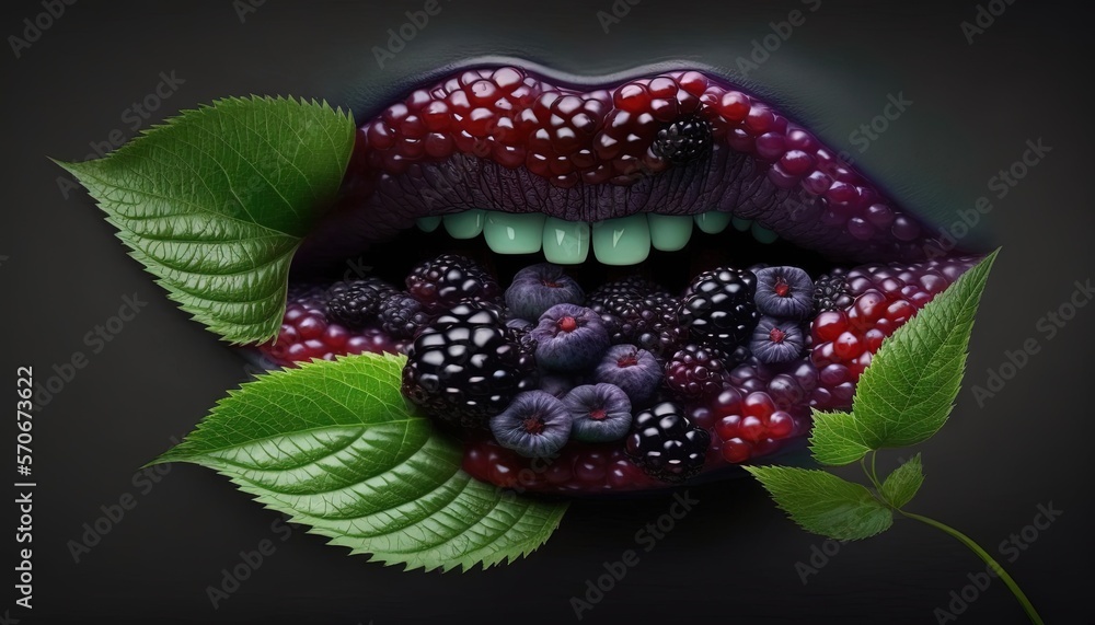  a womans mouth with berries, raspberries, and green leaves on top of her mouth and a black backgro