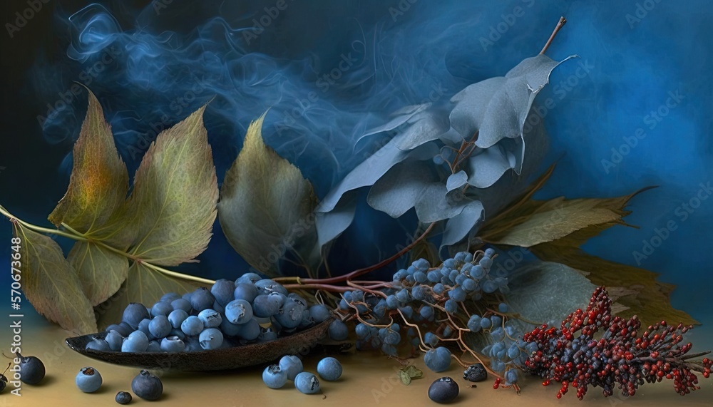  a painting of blue berries and leaves on a blue and yellow background with smoke coming out of the 