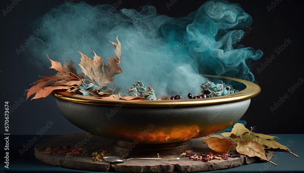  a bowl filled with smoke sitting on top of a table next to a leaf filled bowl filled with leaves an