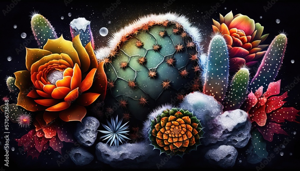  a painting of a cactus and other plants in the snow with snowflakes on the ground and stars in the 