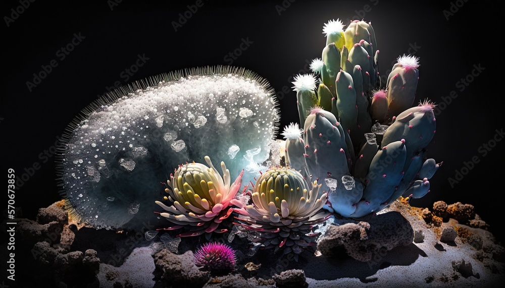  a group of cactus plants in a dark room with rocks and gravel on the ground and a black background 