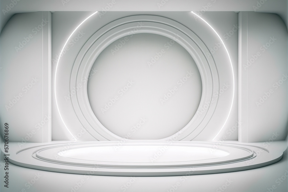 Futuristic stage in a showroom floor with copy space for product display mock up . White clean backg