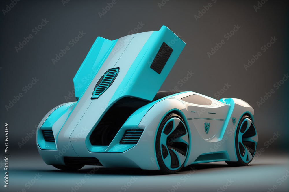 Futuristic design of an electric car white and blue colors . Sublime Generative AI image .