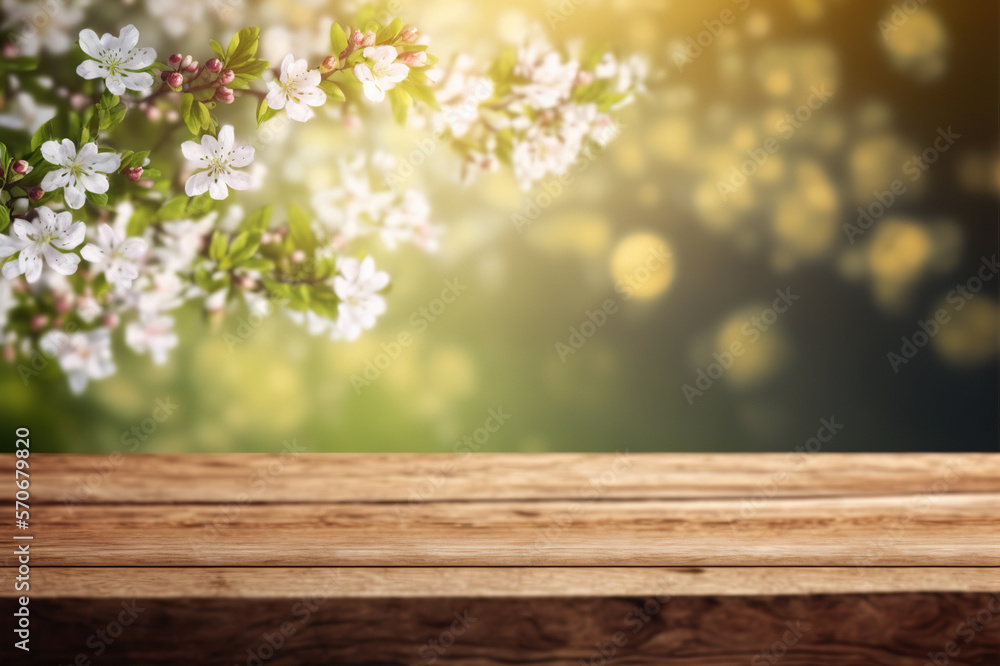 Empty table for product display with flower spring blur background . Sublime Generative AI image .