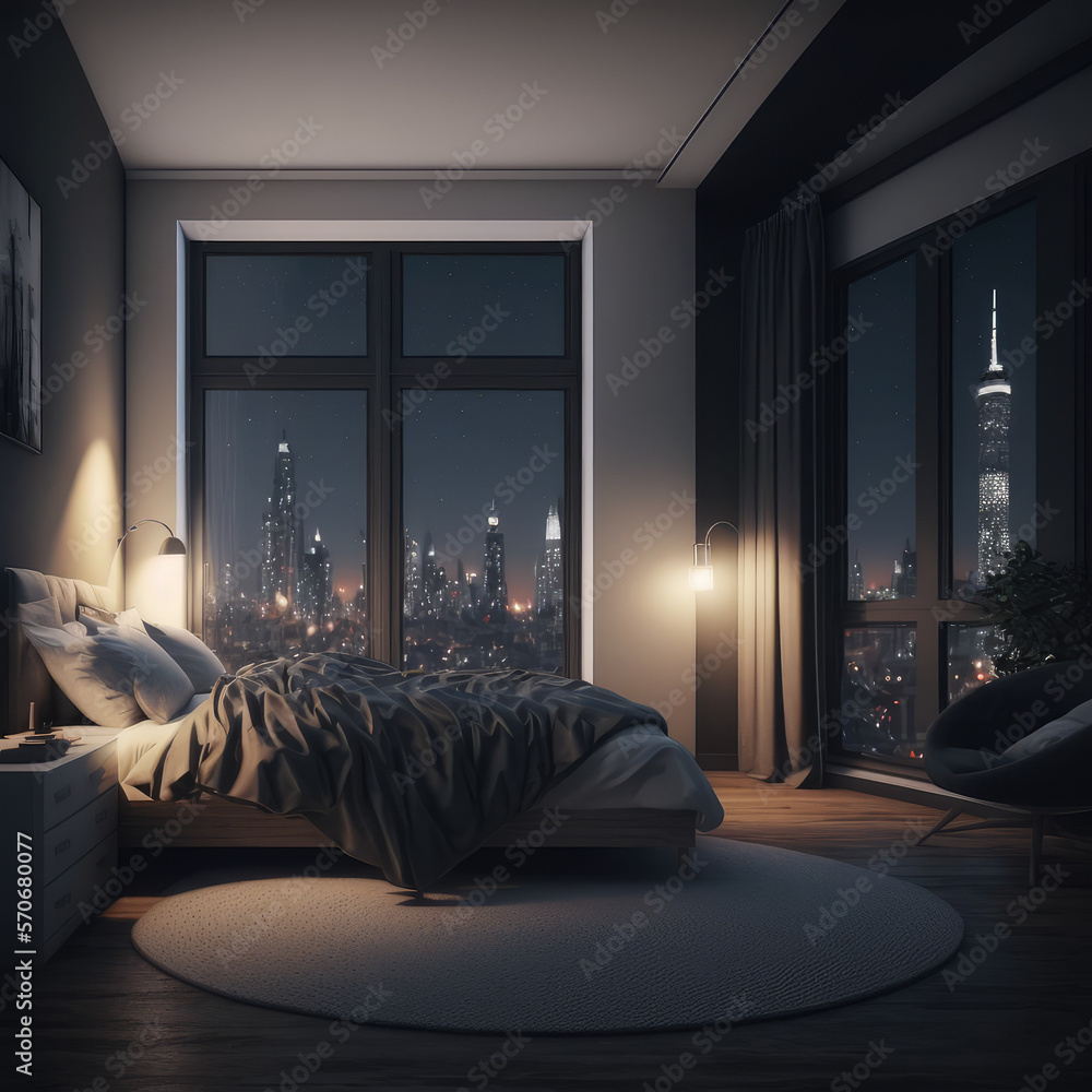 Interior of luxury penthouse bedroom at night. Peculiar AI generative image.