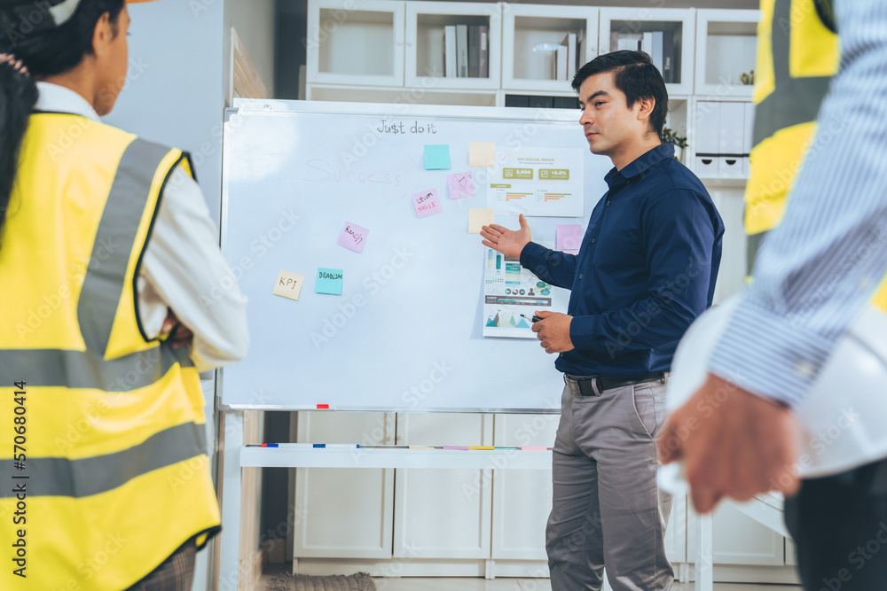 A team of investor and competent engineers brainstorming on the whiteboard to find new ideas and mak