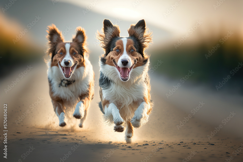 Happy dogs are running towards camera in outdoor activity . Sublime Generative AI image .