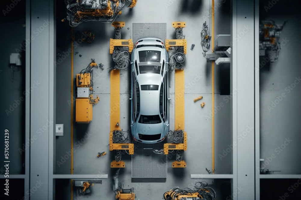 Top View Car Factory with Automated Robot Arm Assembly Line Manufacturing . Sublime Generative AI im