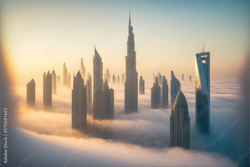 Top of skyscrapers building high above the clouds in the morning sunrise . Futuristic architecture o