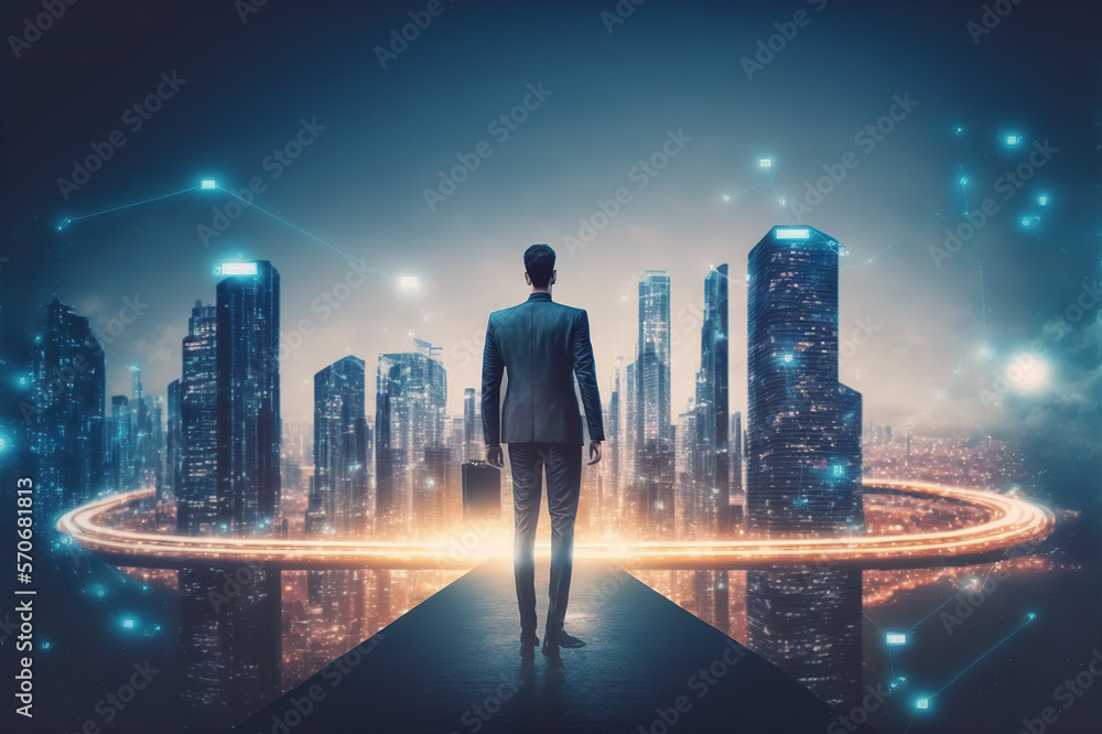 Businessman walking on virtual reality platform to futuristic smart city of opportunity with interne