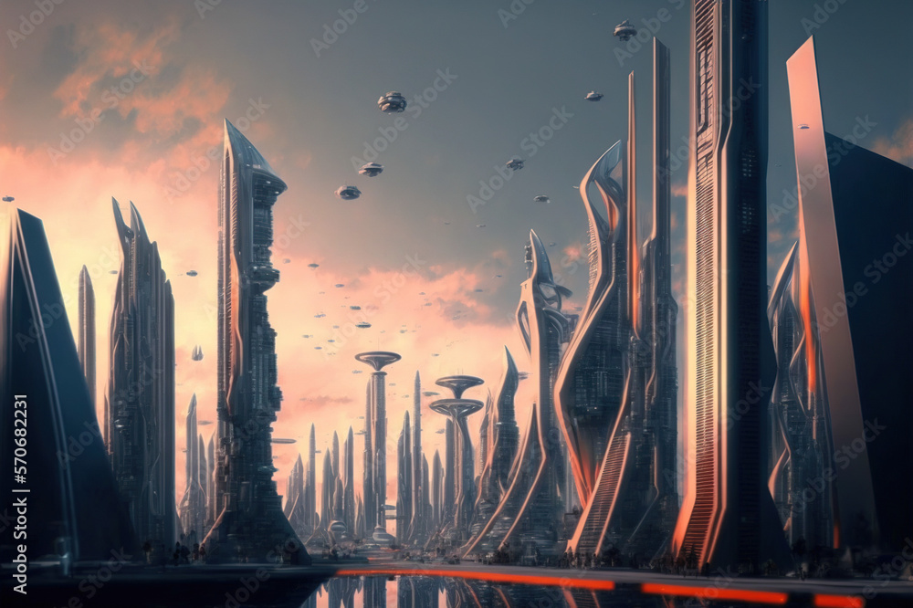 Skyline of futuristic city with fictional architecture in panoramic view . Megalopolis landscape wit