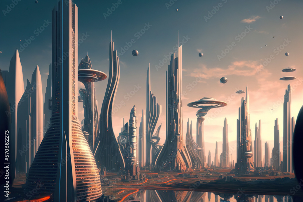 Skyline of futuristic city with fictional architecture in panoramic view . Megalopolis landscape wit