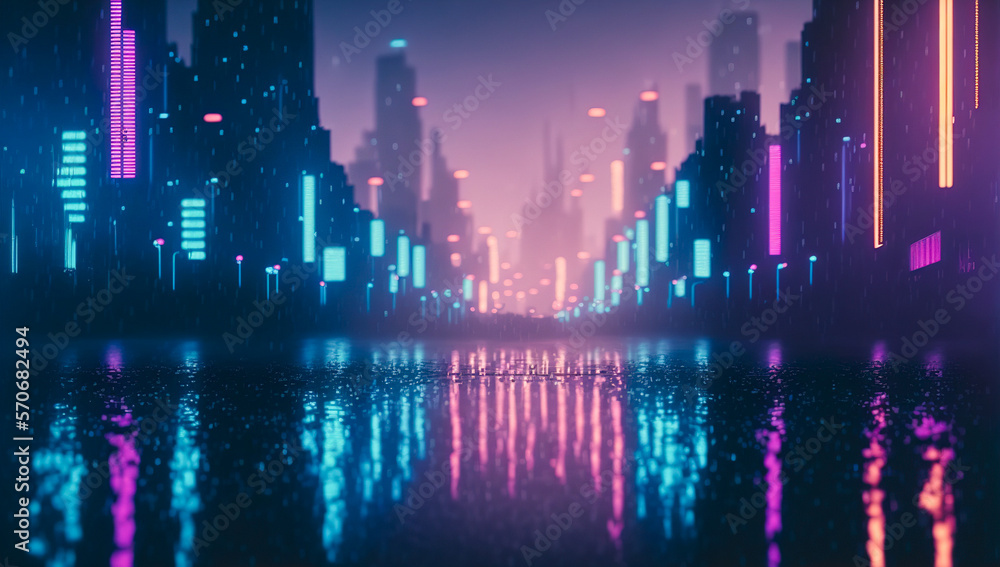 Futuristic city with neon light of pink and blue illuminated city street . Sublime Generative AI ima