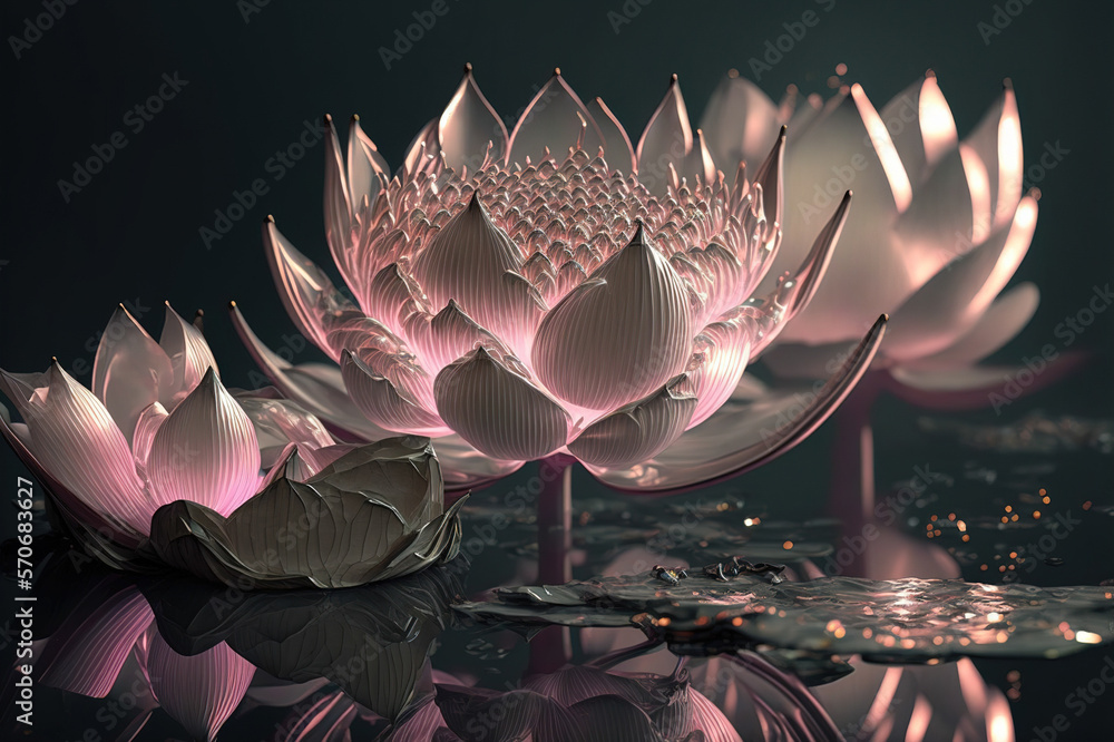 Dreamlike image of light glowing lotus flower or water lily with transparent pink illumination under