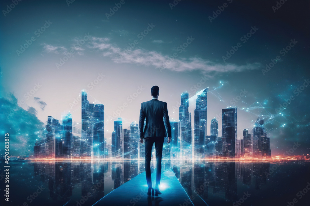 Businessman walking on virtual reality platform to futuristic smart city of opportunity with interne