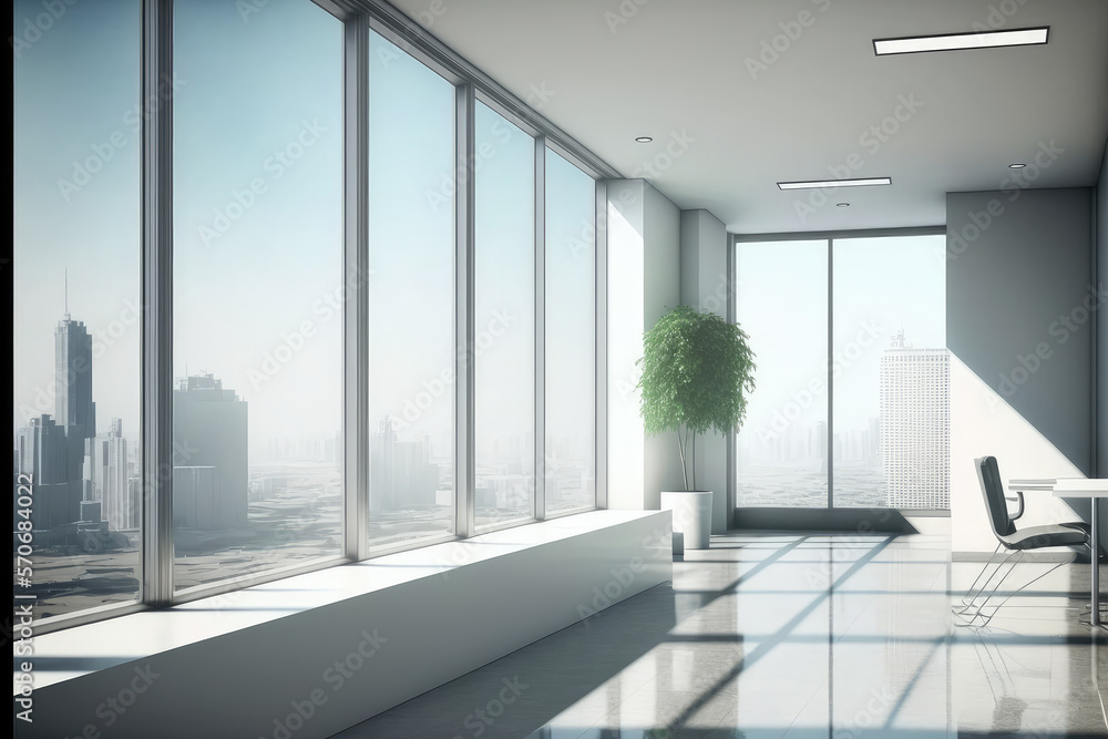 Empty modern office background in city center . Workspace interior design . Clean and bright office 