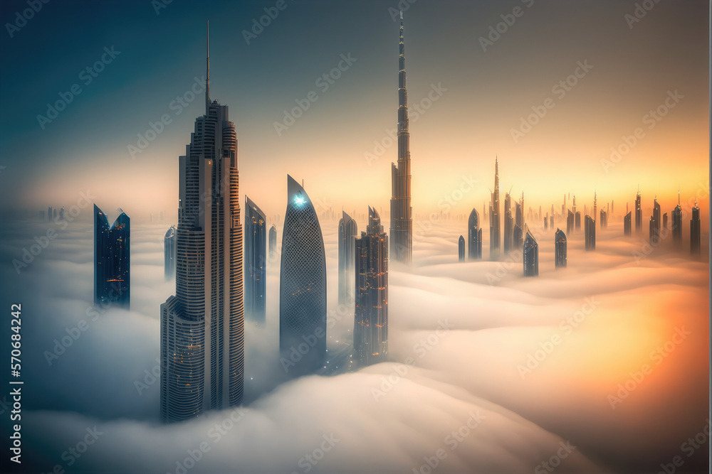 Top of skyscrapers building high above the clouds in the morning sunrise . Futuristic architecture o