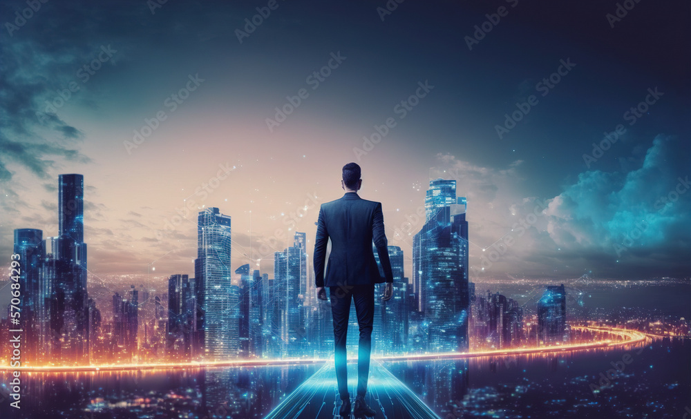 Businessman walking on virtual reality platform to futuristic smart city of opportunity with interne