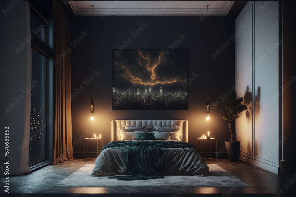 Interior of luxury penthouse bedroom at night. Peculiar AI generative image.