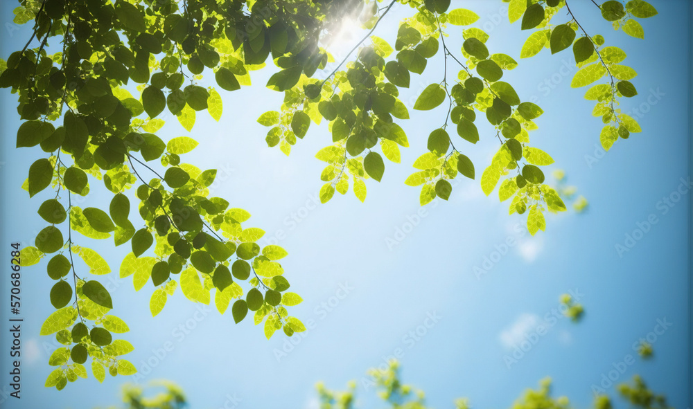 Green leaves under blue sky background in spring and summer garden . Sublime Generative AI image .