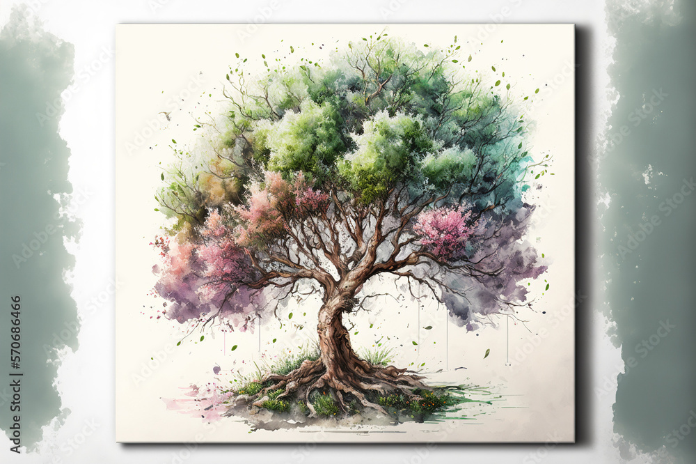 The tree of life in colorful spring watercolor painting style . Sublime Generative AI image .