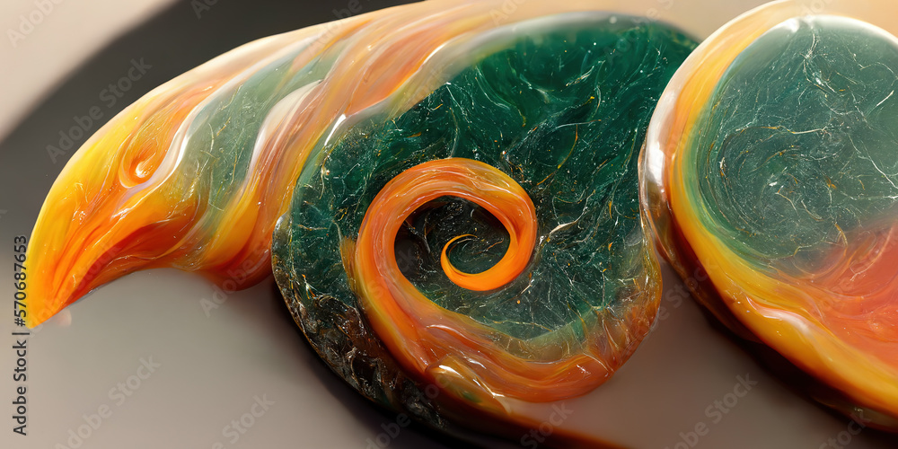 Sedate realistic marco detailed orange and teal alcohol ink ripples pattern in agate design. Closeup