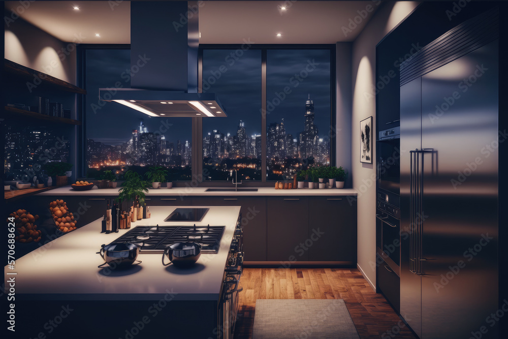 Luxury apartment kitchen at night . Luxury interior decoration design. Peculiar AI generative image.