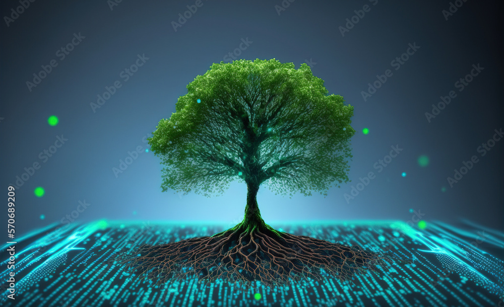 A beautiful large tree growing on the micro chip computer circuit board showing concept of digital b