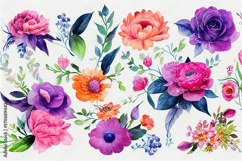 Flower bouquet set watercolor pieces of artwork design. Spring and summer flower nature in style of 