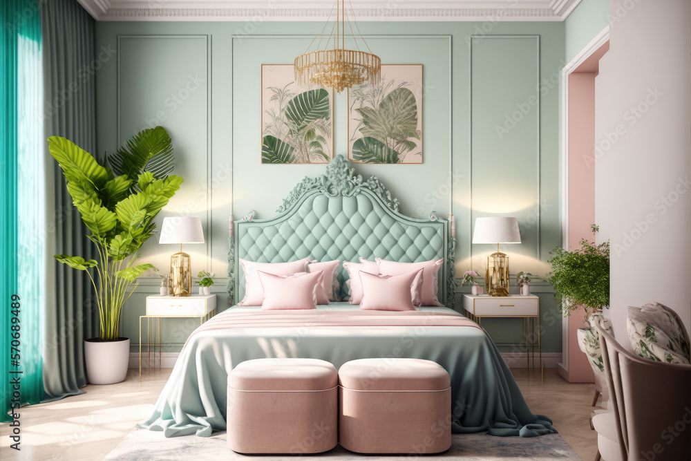 Pastel color elegant bedroom interior design. Peculiar AI generative image.