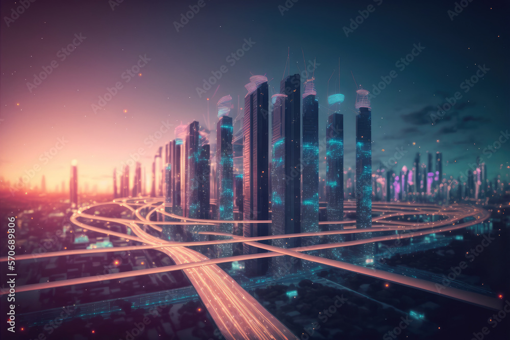 Smart city with communication network graphic connecting the city with wireless internet technology.