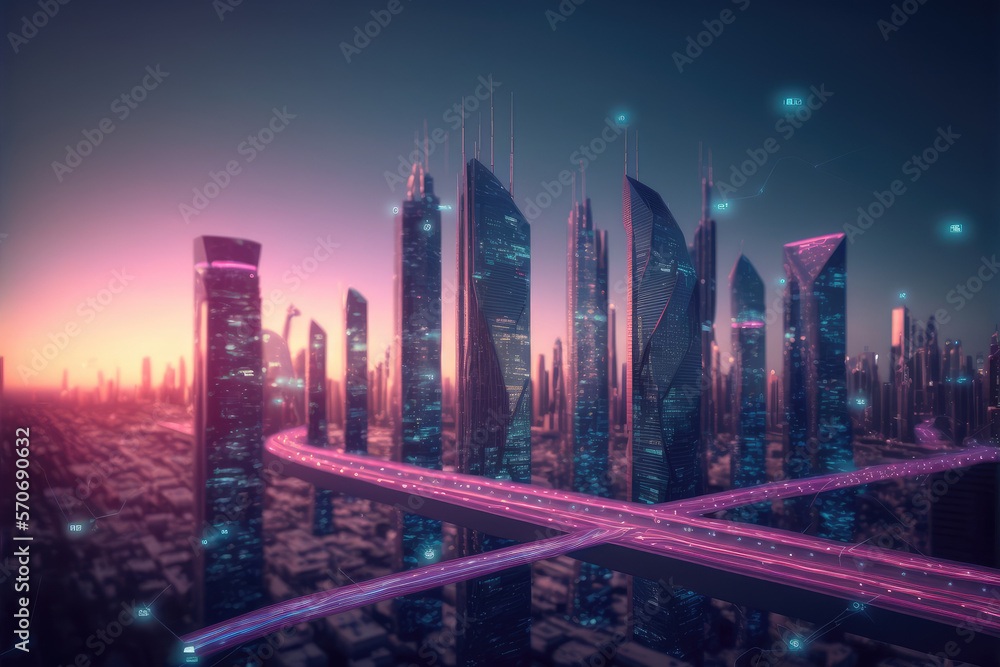 Smart city with communication network graphic connecting the city with wireless internet technology.