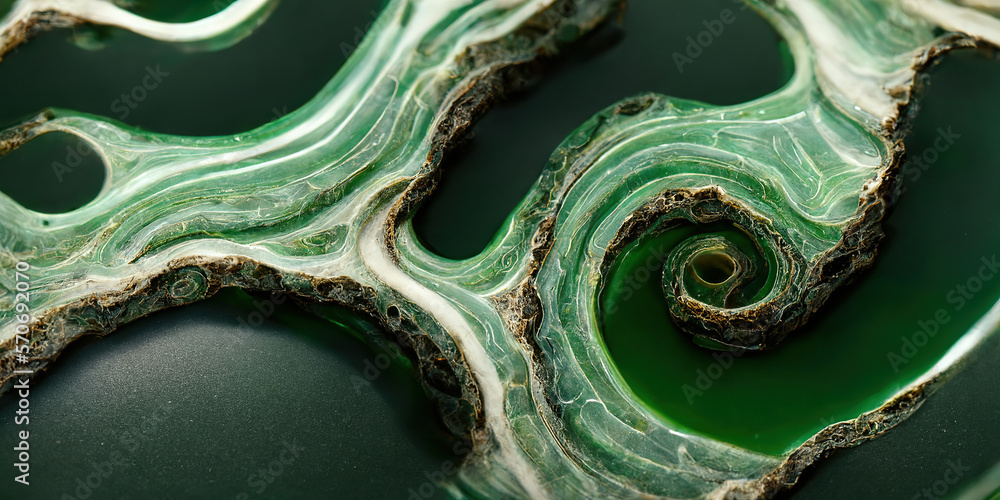 Sedate marco detailed luxurious jade green and golden ripple alcohol ink pattern in agate. Swirled o