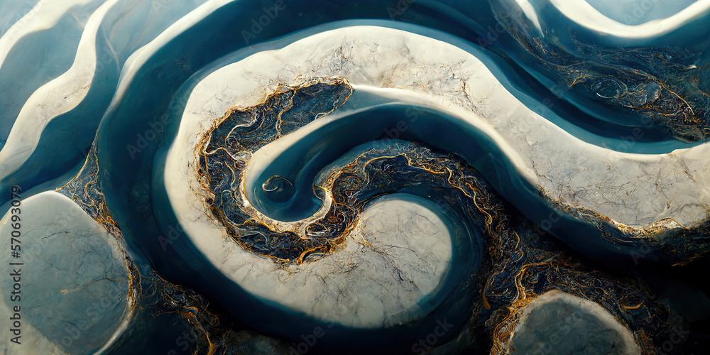 Sedate marco detailed luxurious ocean blue ripple pattern in agate form by alcohol ink. Swirled gold