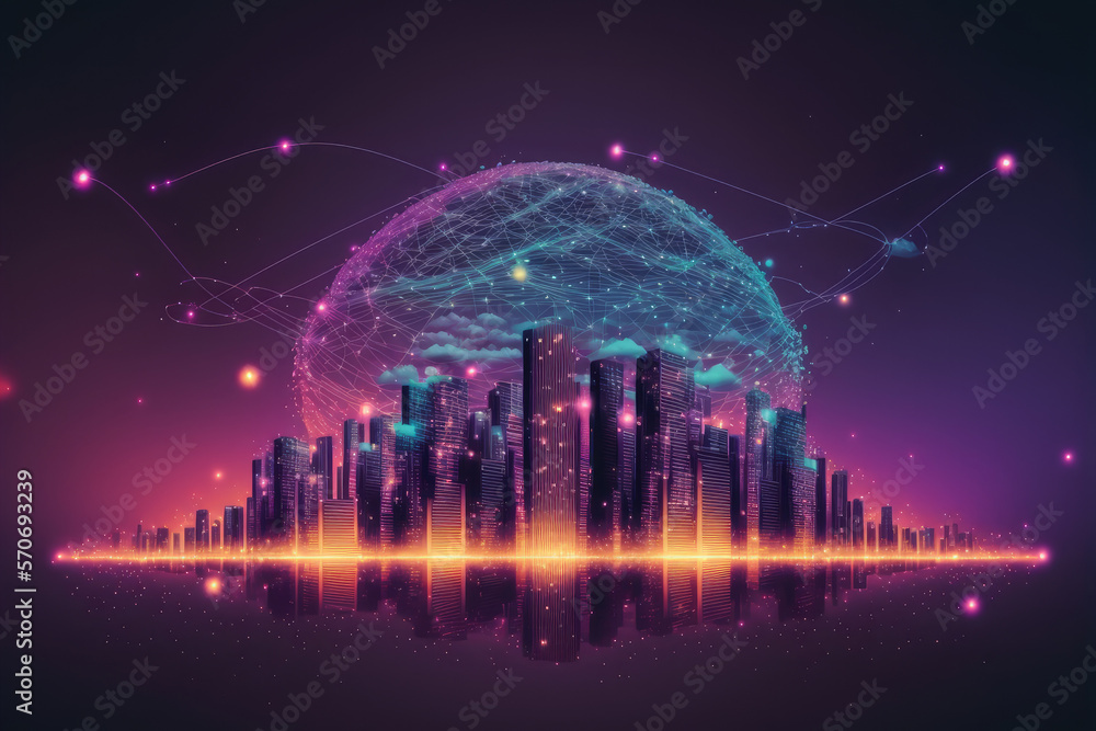 Futuristic smart city internet network connection through wireless system. Peculiar AI generative im