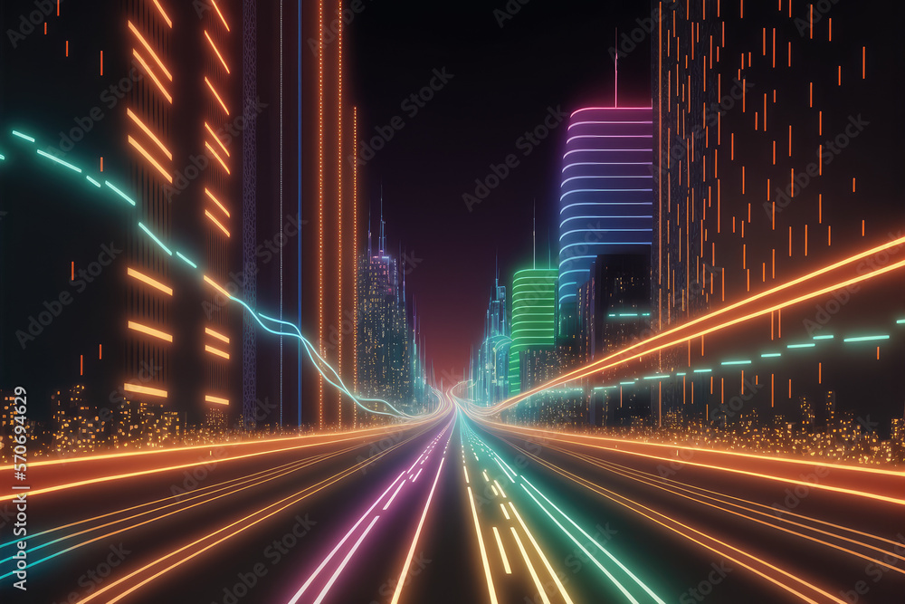 Abstract highway path through digital smart city graphic design. Peculiar AI generative image.