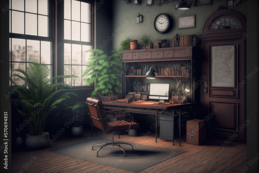 Antique home interior with working space and study desk in elegant room. Peculiar AI generative imag